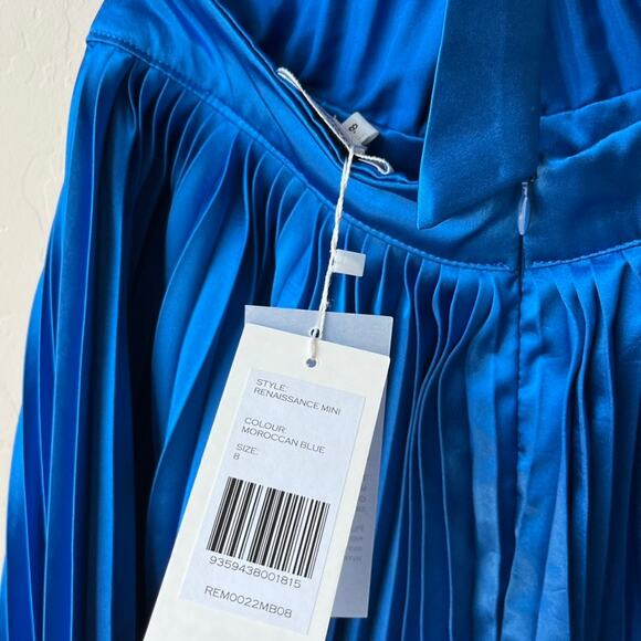 L’IDEE Renaissance Moroccan Blue Pleated Satin Crisscross Halter Mini‎ Dress NWT - Picture 8 of 10